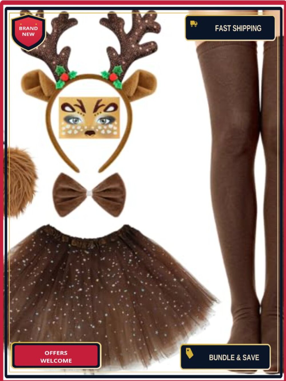 Reindeer Costume Set Women 6 Pc Felt Antler Headband Christmas Holiday